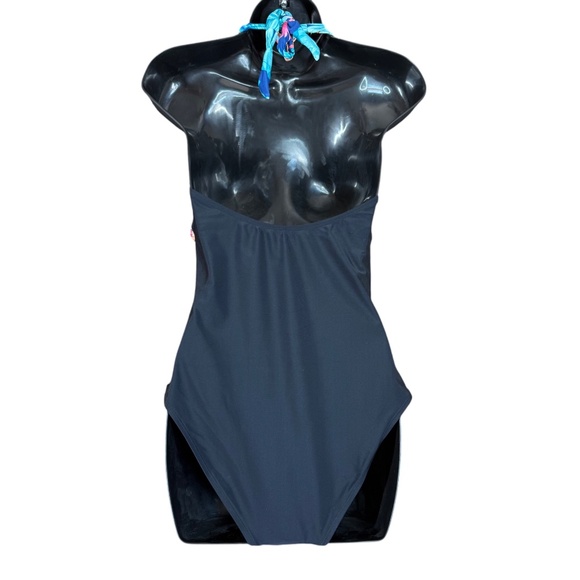 NWT Cupshe Blue Tropical Floral & Black Halter Top One Piece Swimsuit Size M - Picture 7 of 13
